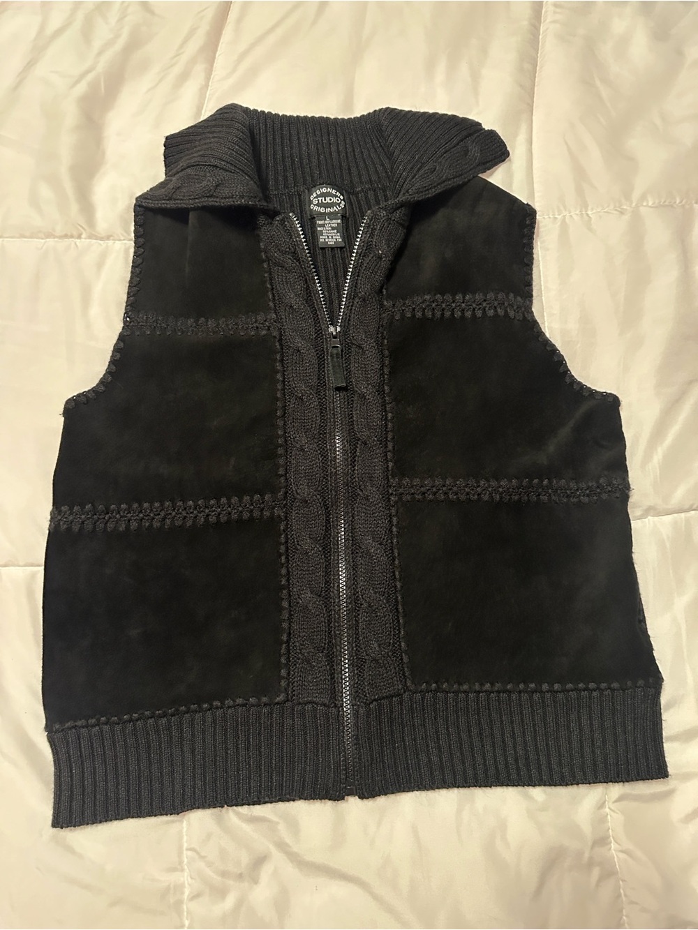 Designers Studio Genuine Black Leather  & Knit-Trim Zip Vest